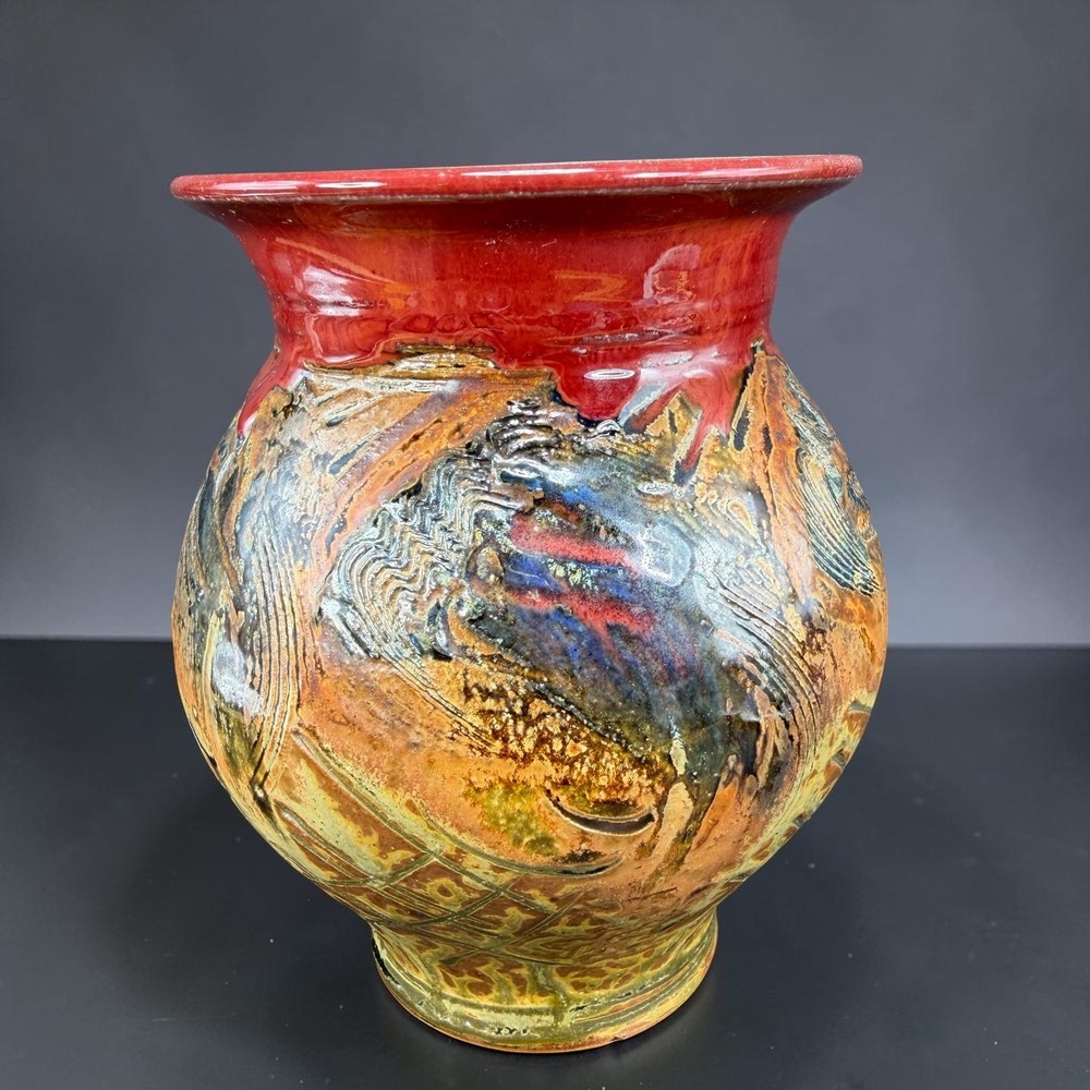 Vintage 2003 Studio Art Pottery Vase Vessel Red Glazed Flared Rim Textured 6inch
